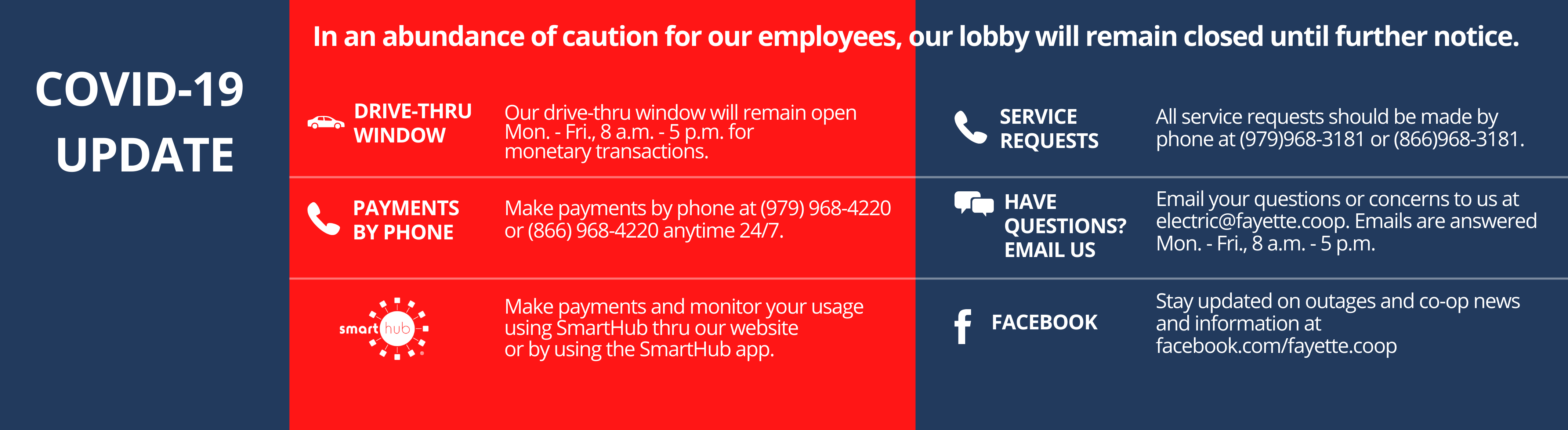 In an abundance of caution for our employees, our lobby will remain closed until further notice.